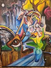 Original Signed Surrealist Portrait Painting of Blond Figure with Protruding Tongue, dated April 1999 — listing 2