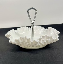 Milk Glass Crimped Ruffle-Edge Compote / Comport Bowl with Raised Center Ring — listing 5