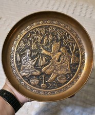 Large Antique Persian Hand-Chased Tinned Copper Charger with Figural Court Scenes