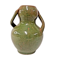 Studio Pottery Terracotta Double Condiment/Olive Server with Central Loop Handle and Blue Floral Motif