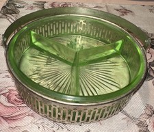 Green Uranium Glass Divided Relish Dish, Art Deco Pressed Glass, 10 inch