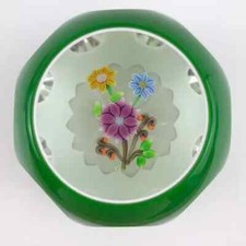 Art Glass Lampwork Floral Orchid Paperweight on Dark Blue/Green Ground