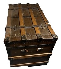 Vintage Black Steamer Trunk with Pink Wood-Grain Lined Interior — listing 2