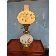 Vintage Hurricane / Gone With The Wind Style Electric Table Lamp with Hand-Painted Floral Milk Glass Shade — listing 6