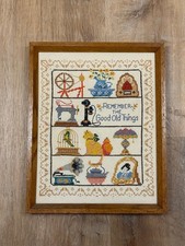 Framed Handmade Country Cottage Sampler Cross Stitch, Completed 2005, Signed 'T 05' with Personalized 'Renee's Home', Matted in Brown Wood Frame — listing 4