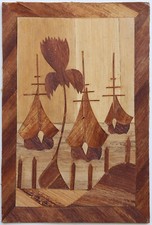 Vintage Tropical Palm Tree & Tiki Hut Straw/Rice Straw Marquetry Art in Faux-Bamboo Gilt Frame — listing 2