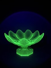 Vintage Uranium Glass Rolled-Edge Console Bowl with Gold Floral Encrusted Band, 15" Diameter — listing 2