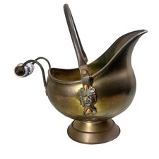 Antique Brass Coal Scuttle Hod with Delft-Style Blue & White Ceramic Handles — listing 5
