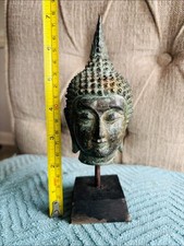 Cast Metal Buddha Head Sculpture with Ushnisha and Spiral Curls on Display Stand — listing 4