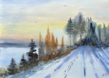 Original Watercolor Painting 'Autumn Street' Fall Landscape with Houses, Framed — listing 5