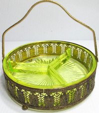 Vaseline Uranium Glass Divided Relish Tray in Pierced Metal Footed Holder, 7.5 inch — listing 6