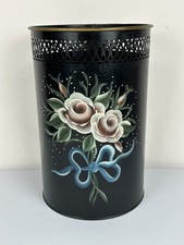 Vintage Toleware Hand-Painted Floral Metal Wastebasket with Reticulated Rim — listing 2