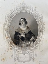 Vintage Victorian-Style Hand-Colored Etching Print of Young Woman in Garden, Carved Wood Frame with Linen Mat — listing 2