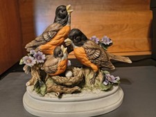 Porcelain American Robin Family Bird Figurine with Nest and Lily — listing 2