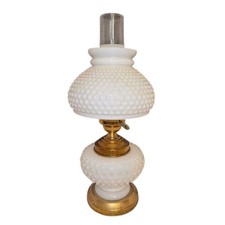 Vintage Milk Glass Daisy & Button Table Lamp with Turned Wood Accents — listing 2