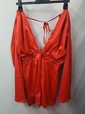 Misspap Pink Satin Deep-V Plunge Playsuit with Ruched Bell Sleeves, UK 12 — listing 3