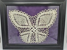 Framed Handmade Crochet Lace Butterfly Doily, Oval Blue Mat in Gold Wood Frame — listing 6