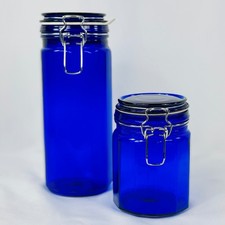 Vintage Cobalt Blue Glass Canister Jar with Embossed COOKIES/FLOUR/SUGAR and Ground-Glass Lid — listing 3