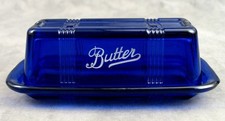 Cobalt Blue Ceramic Covered Butter Dish with Figural Rooster Finial