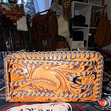 Hand-Tooled Embossed Leather Crossbody Bucket Bag with Multicolor Floral/Sun Motif — listing 5