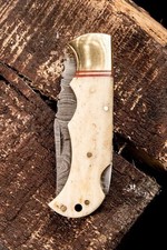 Handmade Damascus Steel Lockback Folding Pocket Knife with Bone Handle and Leather Sheath — listing 5