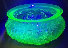 Vintage Uranium Glass Footed Candy Dish with Domed Lid, Green Satin Frosted with Greek Key Band, 5 inches tall — listing 6