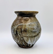 Handmade Studio Art Pottery Squat Bud Vase with Gold Leaf and Purple Swirl Glaze — listing 2