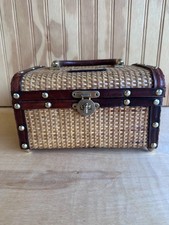 Vintage 1960s Black Wicker Box Purse with Faux Pearl & Brass Studs, Leather Trim, Made in Hong Kong — listing 2