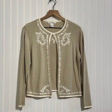 Vintage 1996 Claudia D. Cream Beaded Open-Front Cardigan, Size L