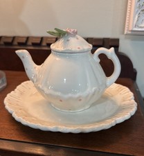 Vintage Pink & White Polka Dot Porcelain Picnic Tea Set for 4 with Wicker Basket, listing 3