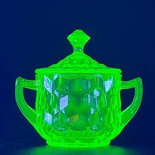 Green Uranium Depression Glass Double-Handled Open Sugar Bowl, Paneled Design, 3.5 x 3.5 in — listing 4