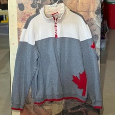 Roots Canada Whistler Quarter-Zip Salt-and-Pepper Sweater with Souvenir Patches, Size L