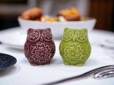 BOHO Fun Ceramic Owl Salt & Pepper Shaker Set (Teal & Orange, Floral Boho Design) — listing 5