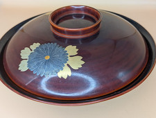 Vintage Japanese Lacquerware Bowl with Hand-Painted Chrysanthemum, Camellia and Sakura Blossoms on Green Ground