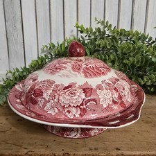 Red/Pink Transferware Covered Vegetable Tureen with Castle Ruins Scene