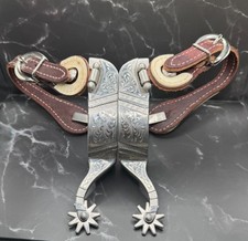 Vintage Hand-Engraved Western Riding Spurs with Silver Overlay Bands and Rowels Yes - there is a stamped name — listing 5