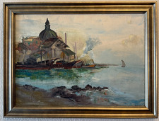 Original Oil Painting of Coastal Seascape with Driftwood, Ornate Black Frame — listing 2