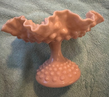Vintage Pink & White Milk Glass Rose Embossed Trinket Box with Uranium Glass Lid — listing 5