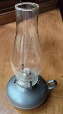Vintage Pewter Tavern-Style Table Lamp with Hand-Painted Blue Ruffled Glass Shade