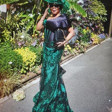 African Print Ankara Long Mermaid Dress with Faux Pearls, Feather Trim and Sheer Mesh Sleeves — listing 4