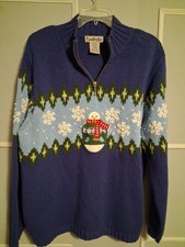 TimberLea Vintage Christmas Cardigan Sweater with Embroidered Ornaments, Snowman & Stockings, Size L — listing 2