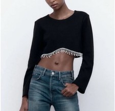Zara Woman Textured Knit Cropped Top with Fringe Hem, Cream, Size S — listing 5
