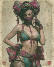 Original Surrealist Acrylic Painting on Canvas - Green-Skinned Geisha with Moth and Spiderweb — listing 3
