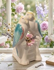 Ceramic Double Bud Vase, Two Birds on Fence with Gold Trim, Yellow Glaze, listing 6
