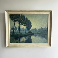 Vintage Original Landscape Oil Painting, Mountain River Scene with Evergreen Tree, Gilt Frame — listing 6