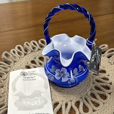 Fenton Cobalt Blue Ruffled Vase-Form Basket with Clear Twisted Handle — listing 2