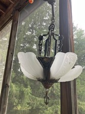 Antique Art Deco Cast Metal Slip Shade Hanging Light Fixture Body with Chain and Ceiling Canopy