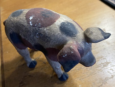 Original Folk Art Oil Painting of a Pig on Canvas, Signed, with Hand-Painted Black & White Striped Wood Frame — listing 2
