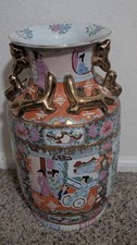 Pair of Chinese Rose Medallion / Rose Mandarin Baluster Vases with Wood Stands — listing 6