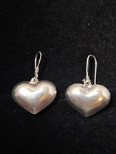 Vintage Puffed Heart Dangle Earrings with Etched Floral Scroll Design 925 or Sterling stamped — listing 4